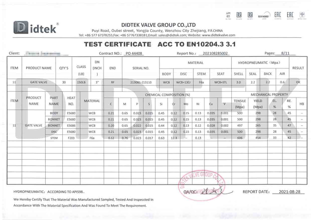Сертификат испытаний клапана затвора ACC до EN10204.3 3